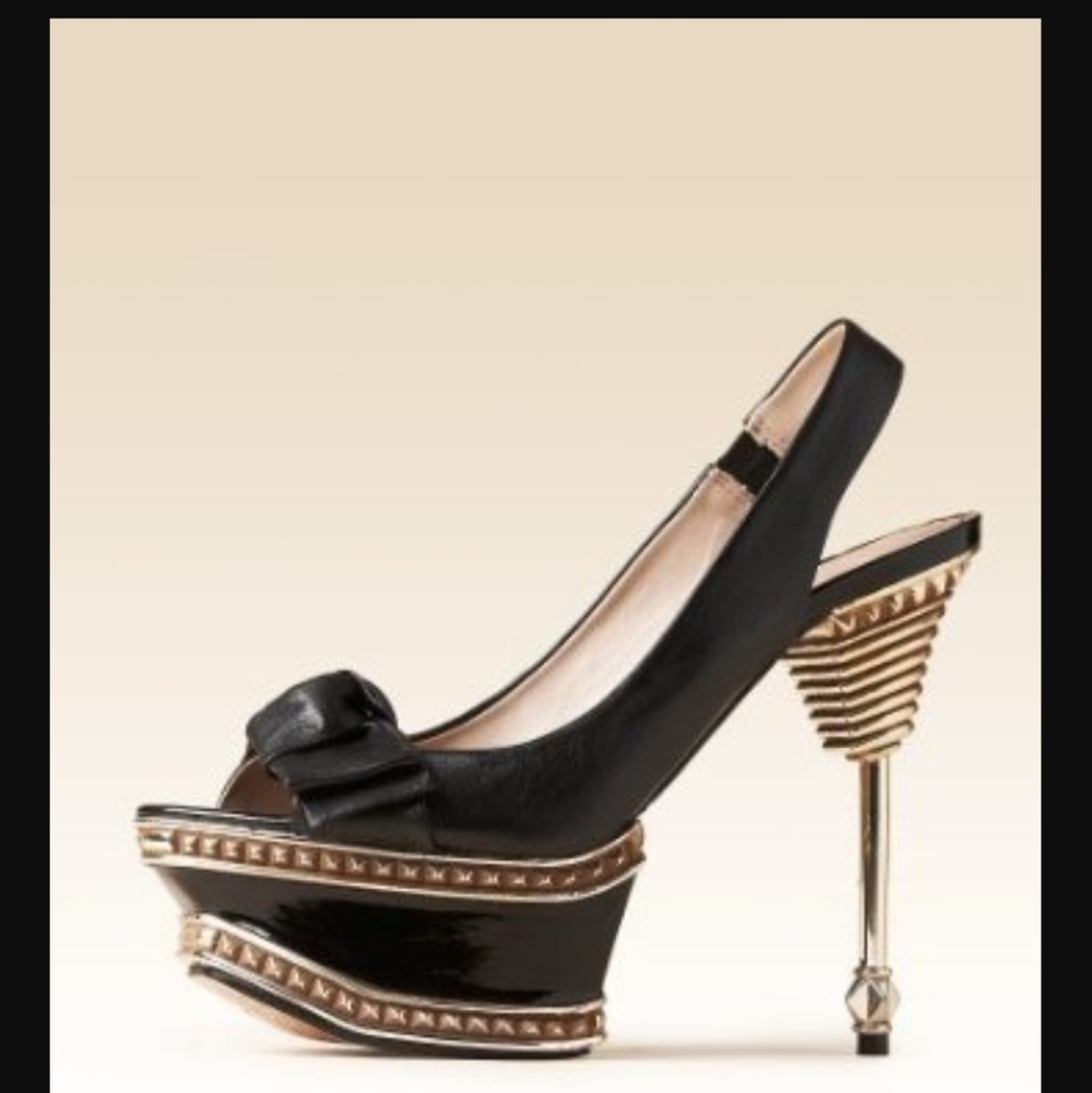 Bebe Women’s Black Slingback Peep-Toe Heels with Bow